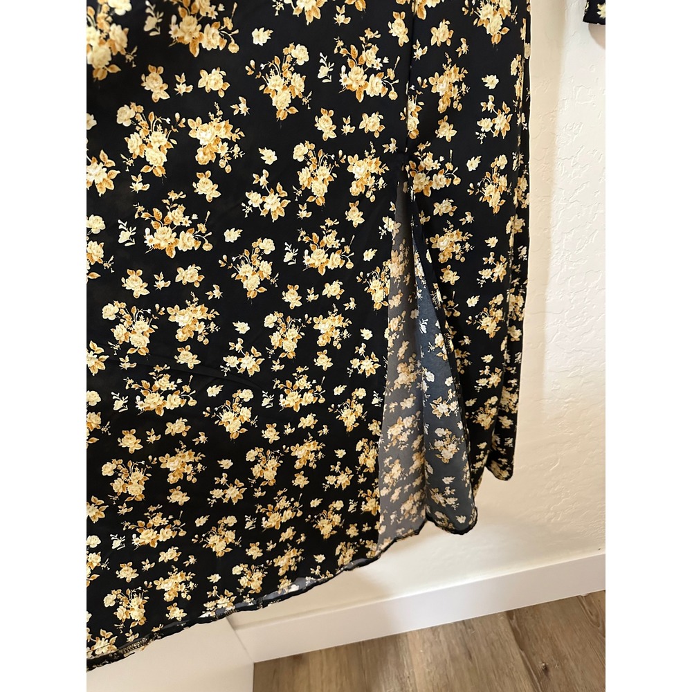 Floral Midi Dress Black Yellow Cottagecore Long Balloon Sleeve Slit L Babydoll - Picture 4 of 12